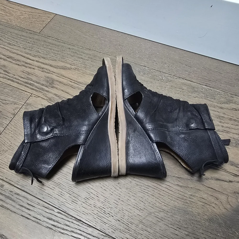 Miz Mooz Becca Encaged Open Toe Bootie Leather Sandal Wedge in Distressed Black